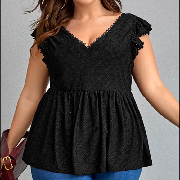 Plus Size Lace Eyelet Embroidered Back bow Top Blouse Shirt - Picture 8 of 14
